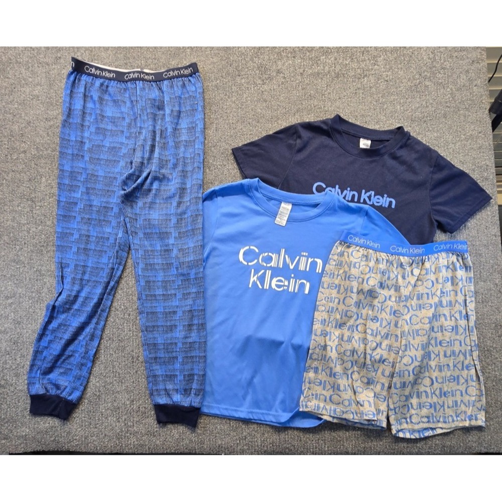4 pcs Pajama 2 shirts 1 Shorts 1 pant Set Calvin Klein Youth MD Sky Blue Gray